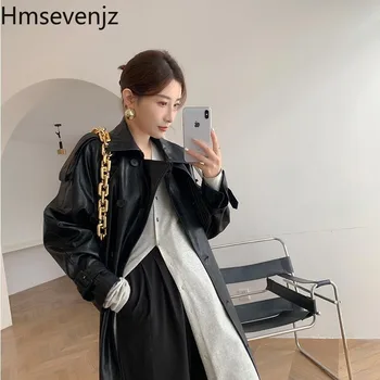 Hmsevenjz Пальто из искусственной кожи с лацканами, однотонные мотоциклетные кожаные куртки в британском стиле в стиле Ретро, шикарная Корейская модная куртка, осенние топы 2023 года