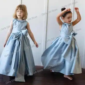 Элегантные атласные платья для девочек в цветочек на свадьбу с оборками на шее, длинные платья для первого причастия на 2-14 лет