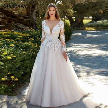 Элегантное свадебное платье Challoner С V-образным вырезом, кружевными аппликациями, длинными рукавами, без спинки, длиной до пола, Тюлевое свадебное платье Vestidos De Novia New