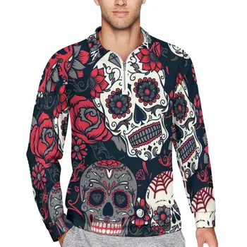 Мексиканский череп, повседневные футболки, рубашки поло с листьями и цветами, мужская модная рубашка, весенняя графическая одежда с длинным рукавом, большой размер