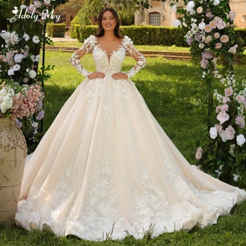 Новое элегантное бальное платье с круглым вырезом и длинными рукавами, свадебное платье 2023, великолепные аппликации, 3D цветы, вышивка, свадебное платье принцессы